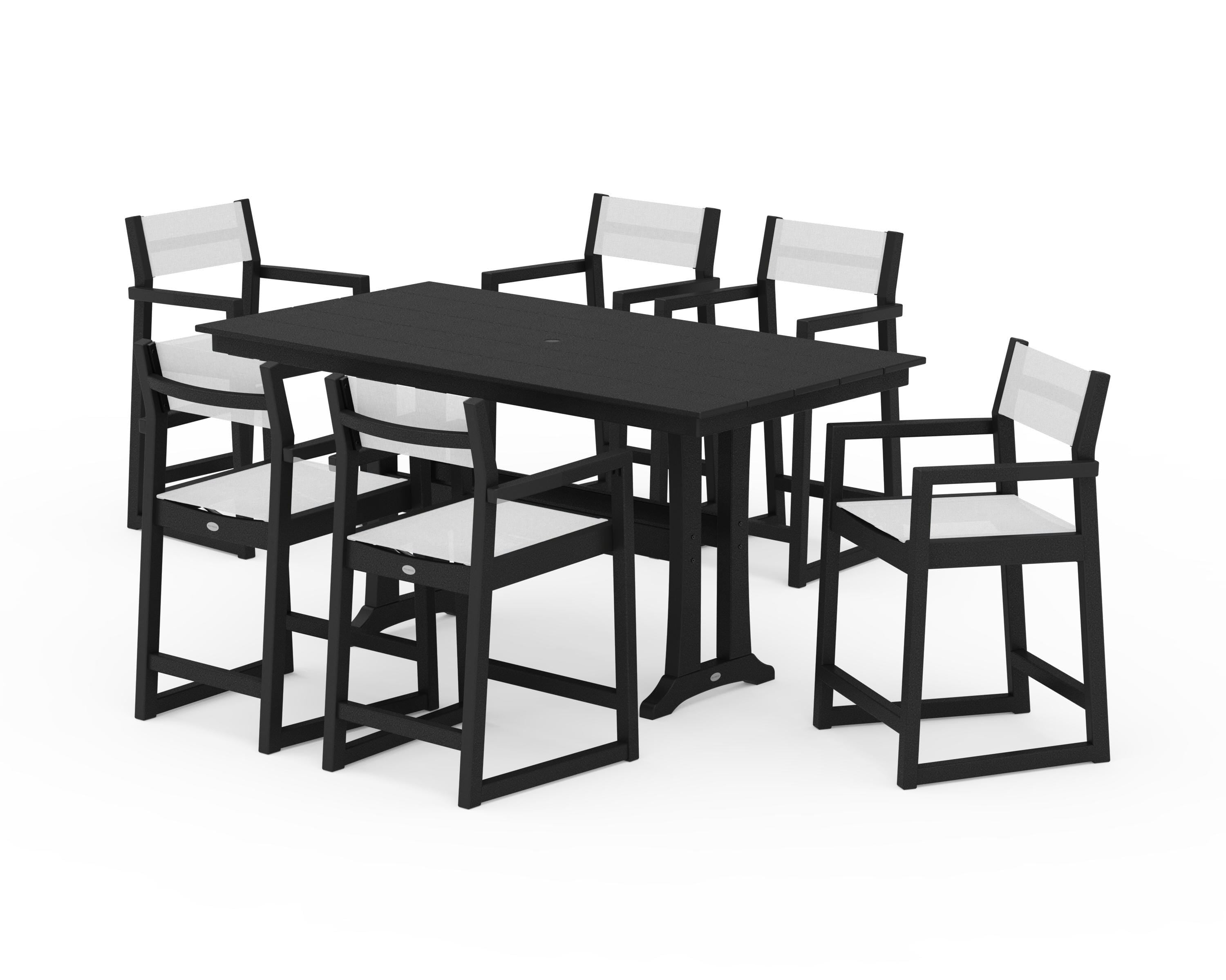 POLYWOOD® EDGE Sling Arm Chair 7-Piece Farmhouse Counter Set with Trestle Legs in Black / White Sling