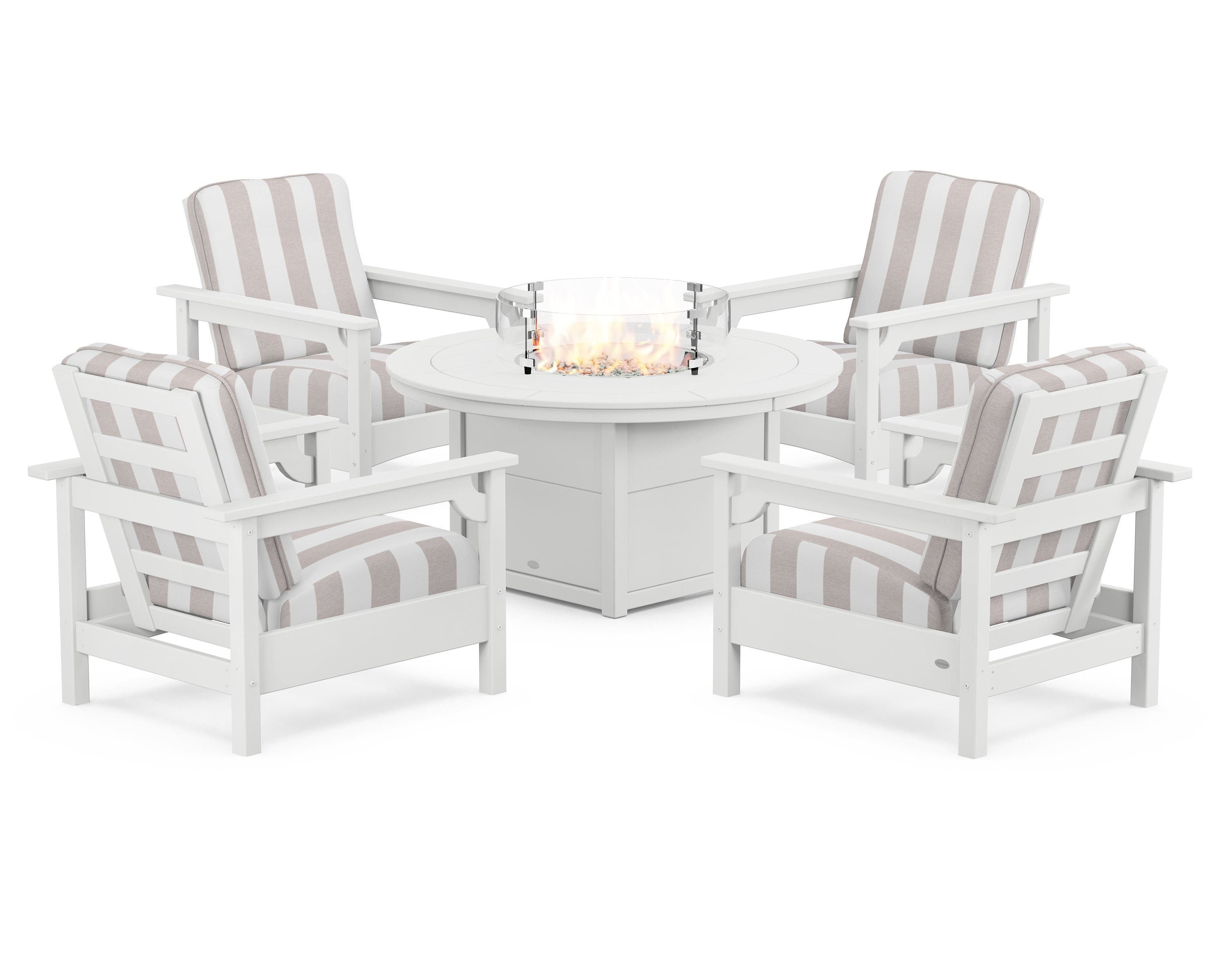 POLYWOOD® Club 5-Piece Conversation Set with Fire Pit Table in White / Cabana Stripe Dune Burlap