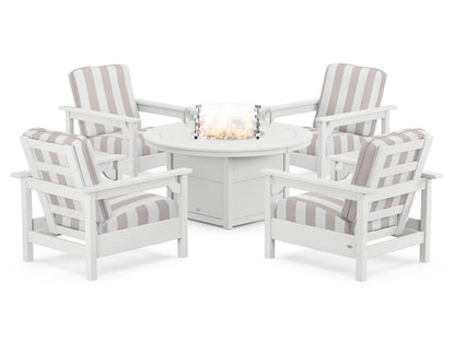 POLYWOOD® Club 5-Piece Conversation Set with Fire Pit Table in White / Cabana Stripe Dune Burlap