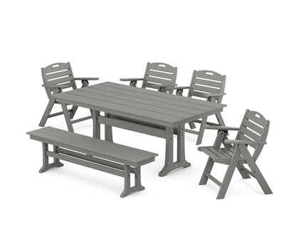 POLYWOOD® Nautical Lowback 6-Piece Farmhouse Dining Set with Trestle Legs and Bench in Slate Grey