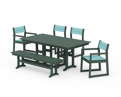 POLYWOOD® EDGE Sling 6-Piece Farmhouse Dining Set in Green / Dupioni Aquamarine Sling