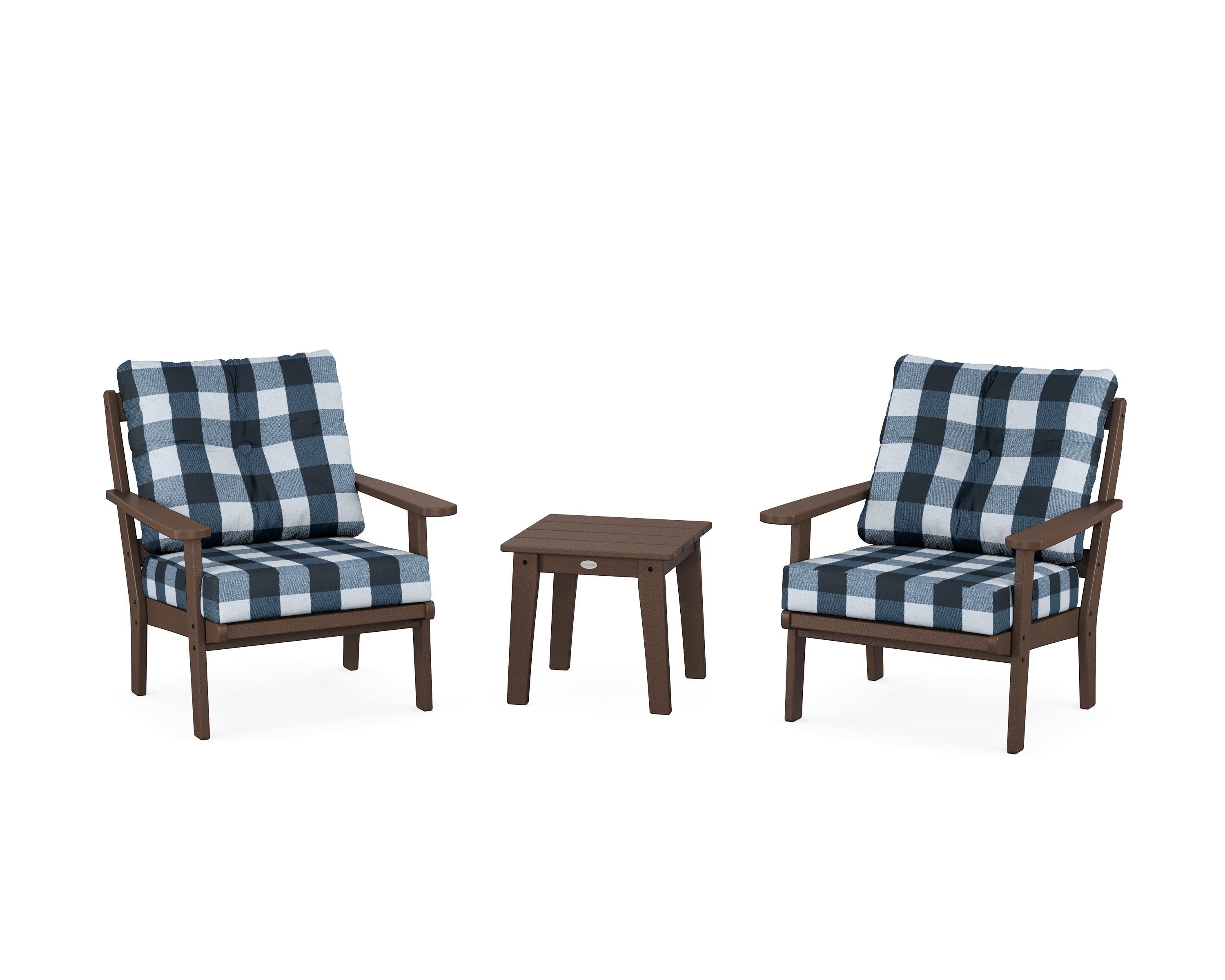 POLYWOOD® Mission 3-Piece Deep Seating Set in Mahogany / Buffalo Plaid Marine Indigo