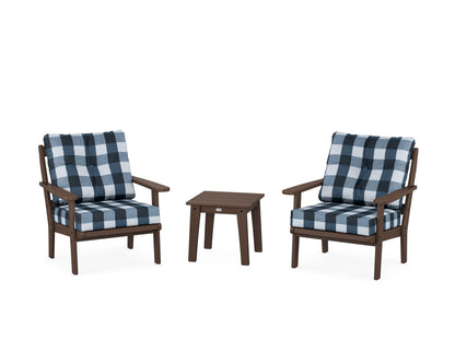 POLYWOOD® Mission 3-Piece Deep Seating Set in Mahogany / Buffalo Plaid Marine Indigo