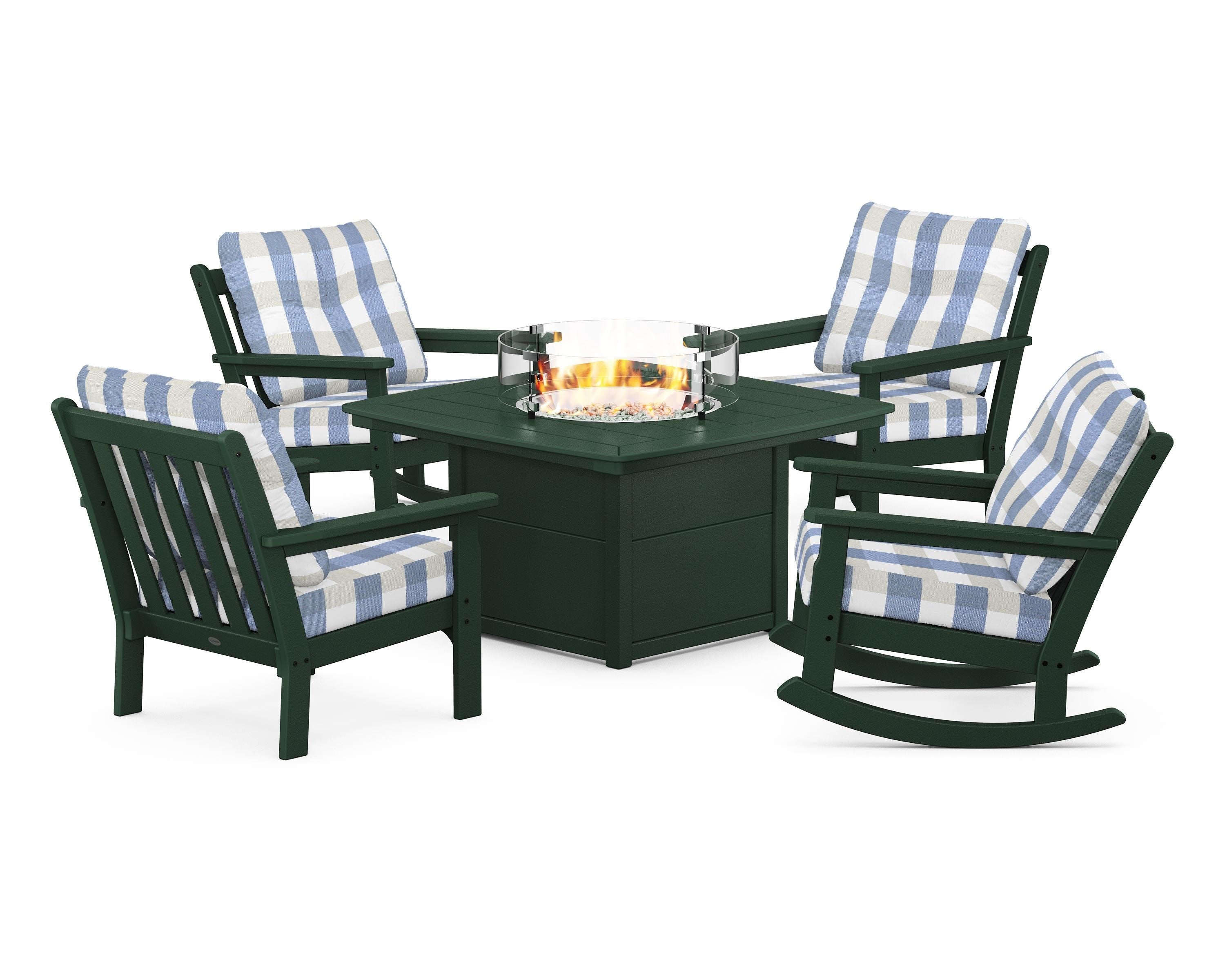 POLYWOOD® Vineyard 5-Piece Deep Seating Rocking Chair Conversation Set with Fire Pit Table in Green / Buffalo Plaid Sky Blue