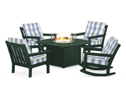 POLYWOOD® Vineyard 5-Piece Deep Seating Rocking Chair Conversation Set with Fire Pit Table in Green / Buffalo Plaid Sky Blue