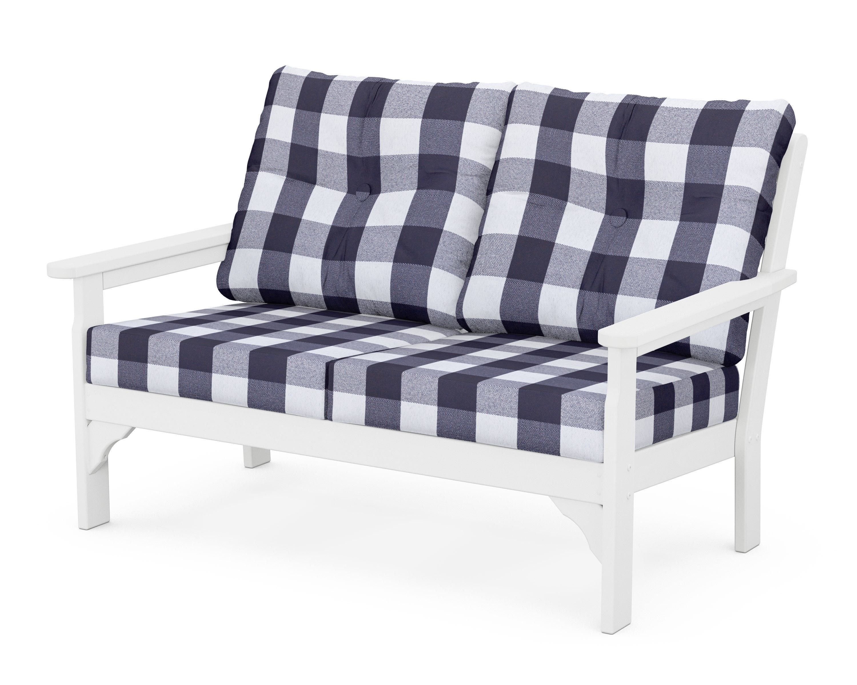 POLYWOOD® Vineyard Deep Seating Loveseat in White / Buffalo Plaid Navy