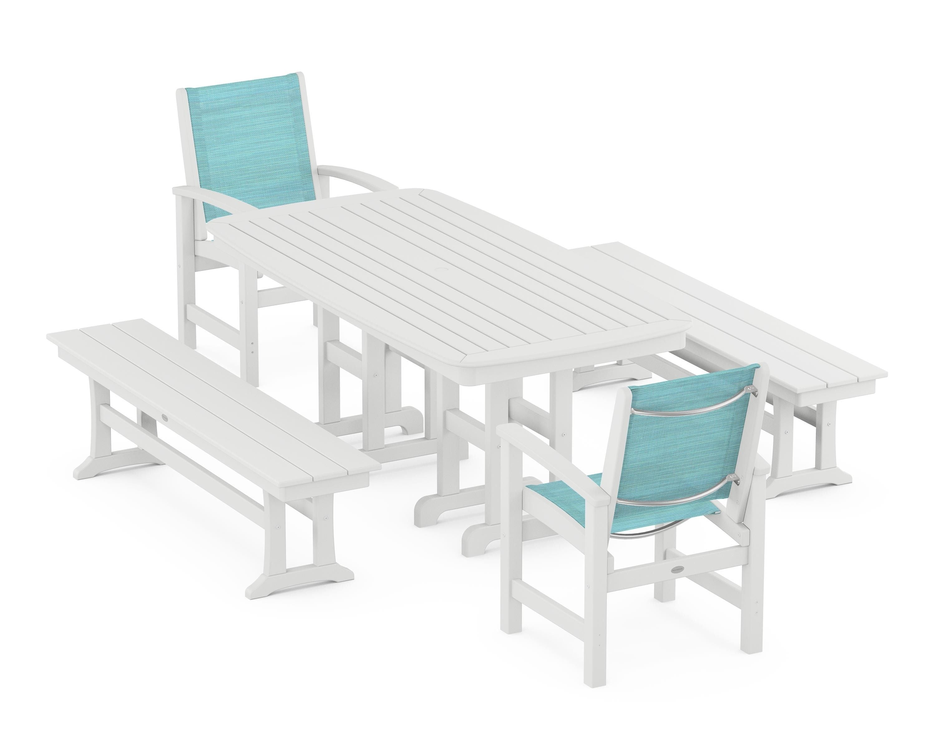 POLYWOOD® Coastal 5-Piece Dining Set in White / Dupioni Aquamarine Sling