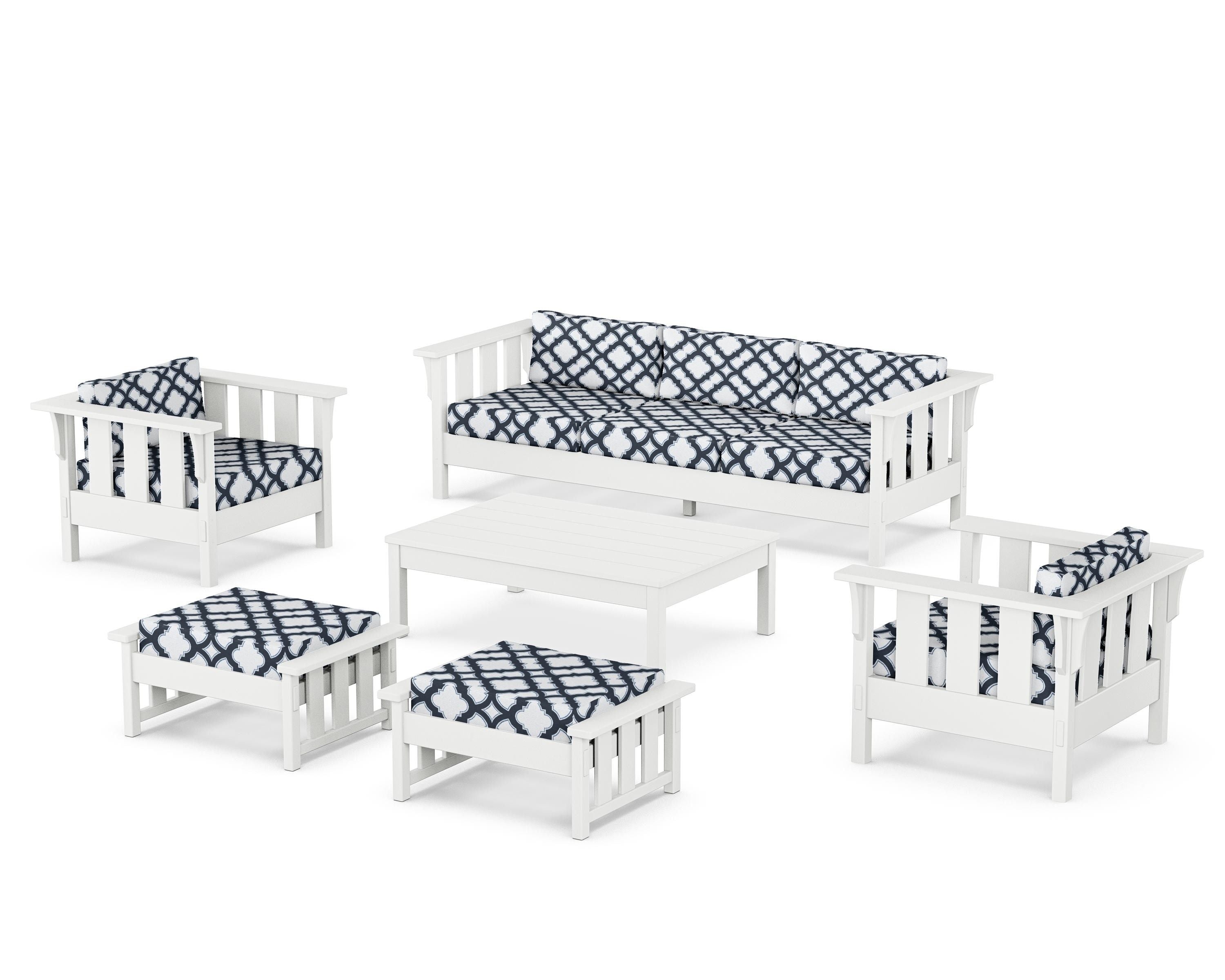Martha Stewart by POLYWOOD® Acadia 6-Piece Lounge Sofa Set in White / Trellis Marine Indigo