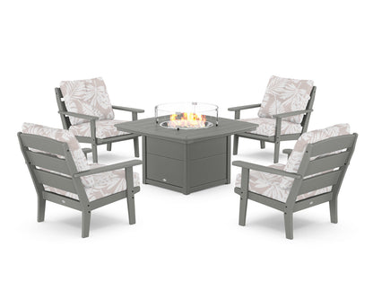 POLYWOOD® Lakeside 5-Piece Deep Seating Set with Nautical Fire Pit Table in Slate Grey / Leaf Dune Burlap