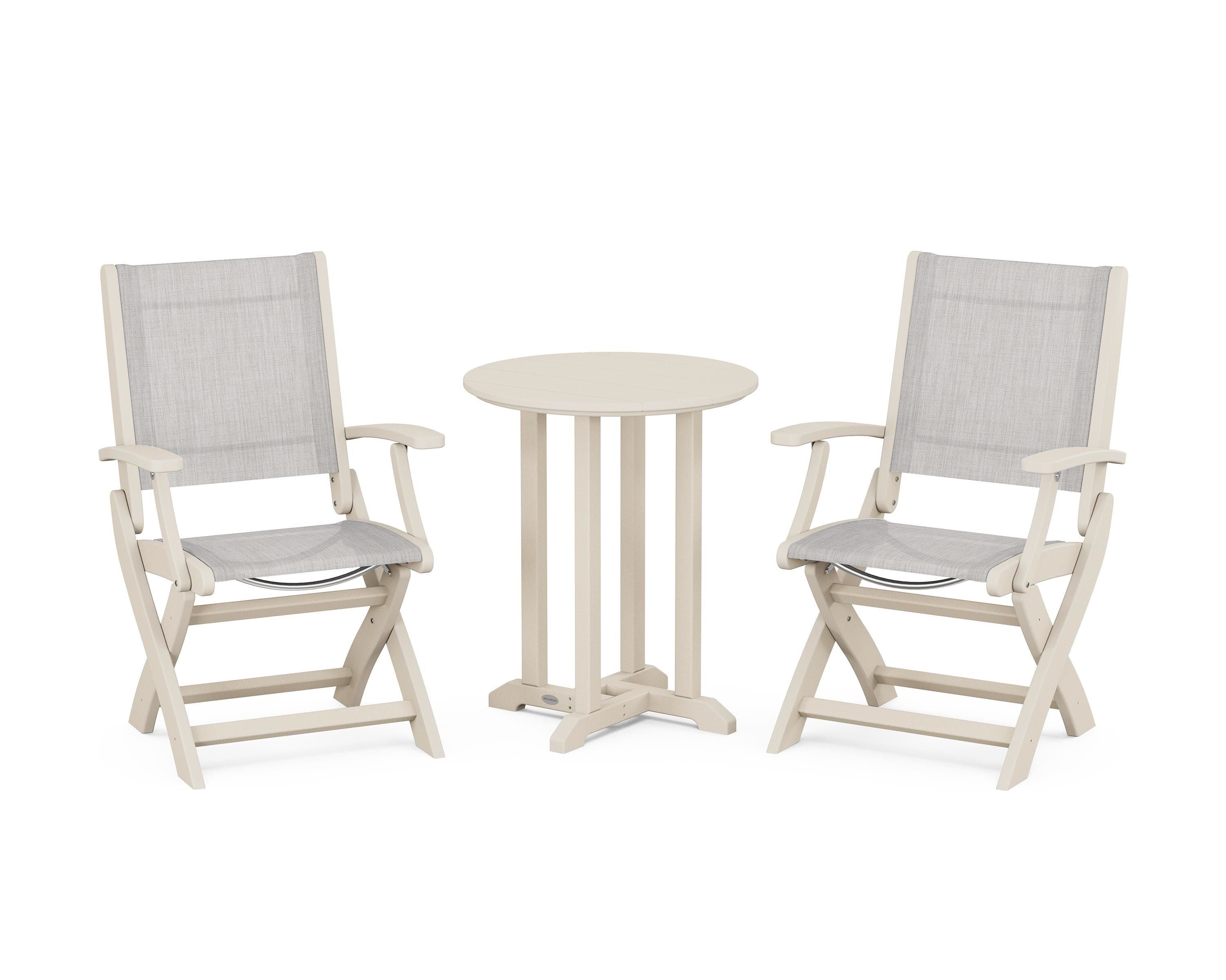 POLYWOOD® Coastal Folding 3-Piece Round Bistro Dining Set in Sand / Parchment Sling