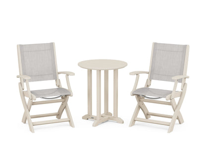 POLYWOOD® Coastal Folding 3-Piece Round Bistro Dining Set in Sand / Parchment Sling
