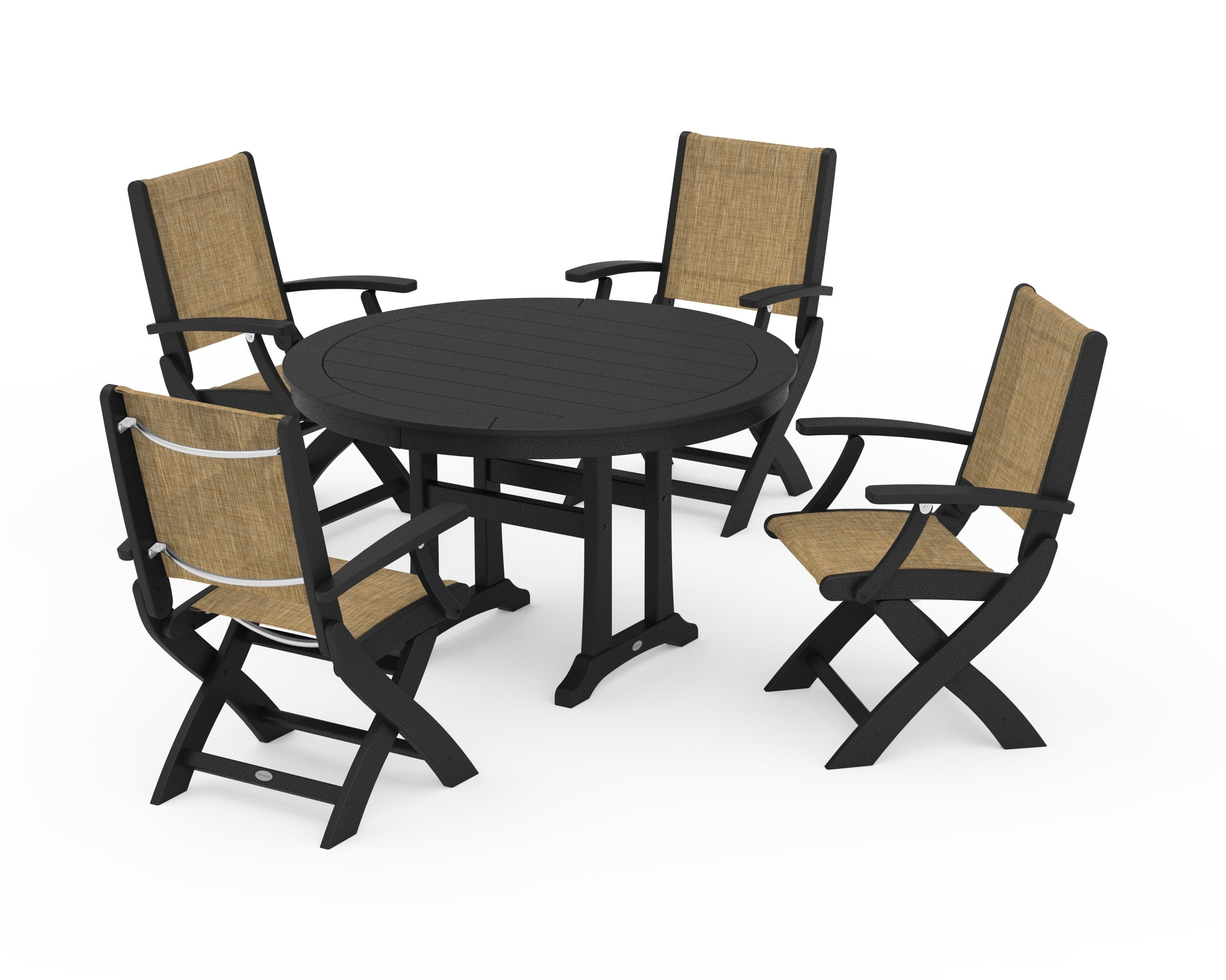 POLYWOOD® Coastal Folding Chair 5-Piece Round Dining Set with Trestle Legs in Black / Burlap Sling
