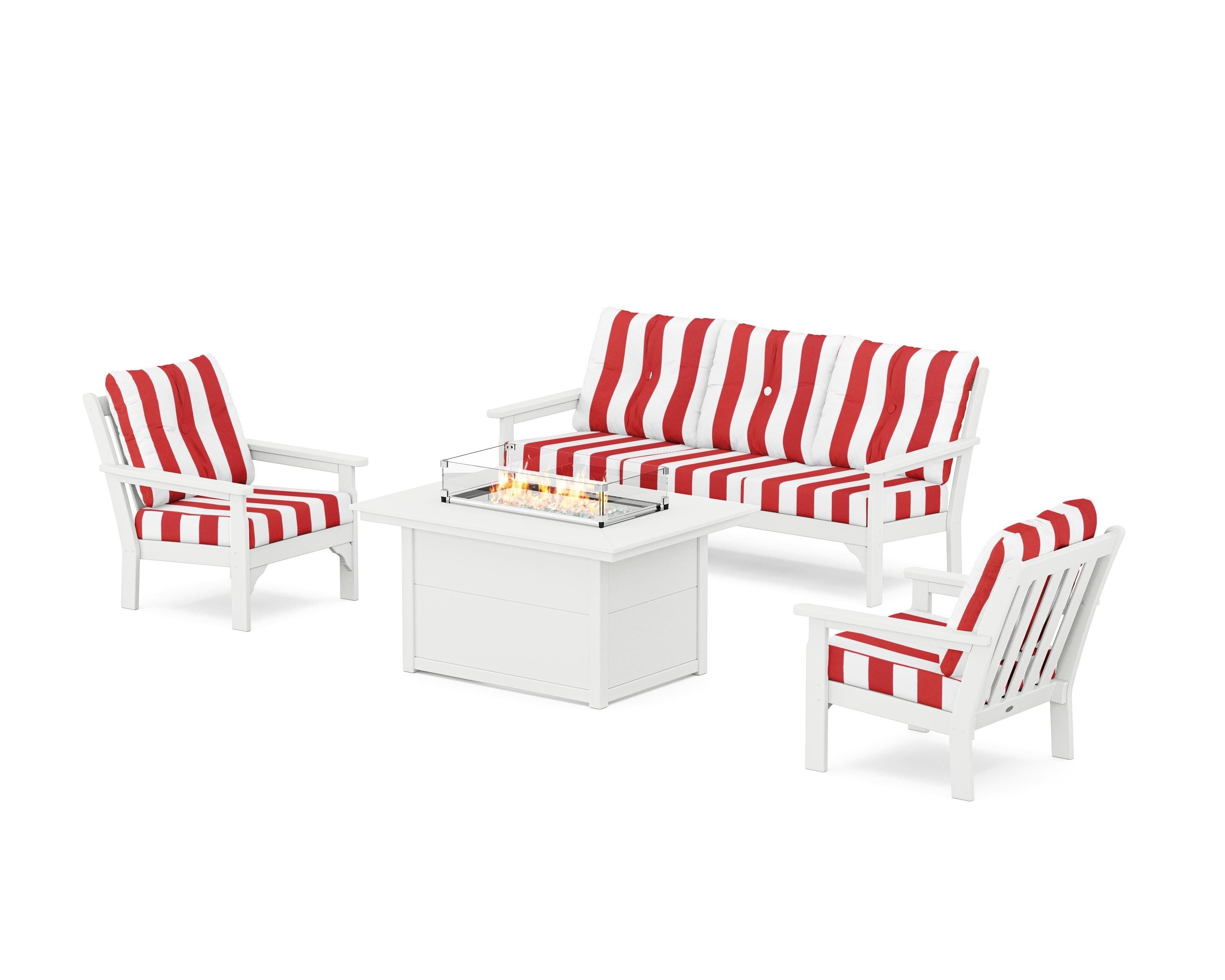 POLYWOOD® Vineyard Deep Seating Fire Pit Table Set in White / Cabana Stripe Crimson