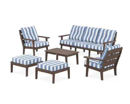 POLYWOOD® Lakeside 6-Piece Lounge Sofa Set in Mahogany / Cabana Stripe Sky Blue