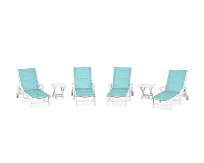 POLYWOOD® Coastal Chaise 6-Piece Set with Wheels in White / Dupioni Aquamarine Sling