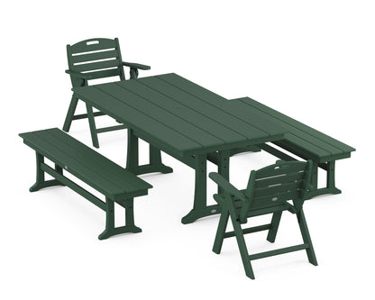 POLYWOOD® Nautical Folding Lowback Chair 5-Piece Farmhouse Dining Set With Trestle Legs in Green
