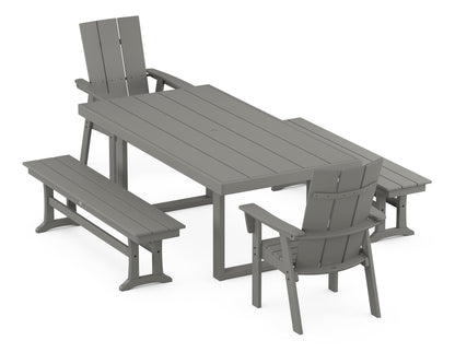 POLYWOOD® Modern Curveback Adirondack 5-Piece Dining Set with Benches in Slate Grey