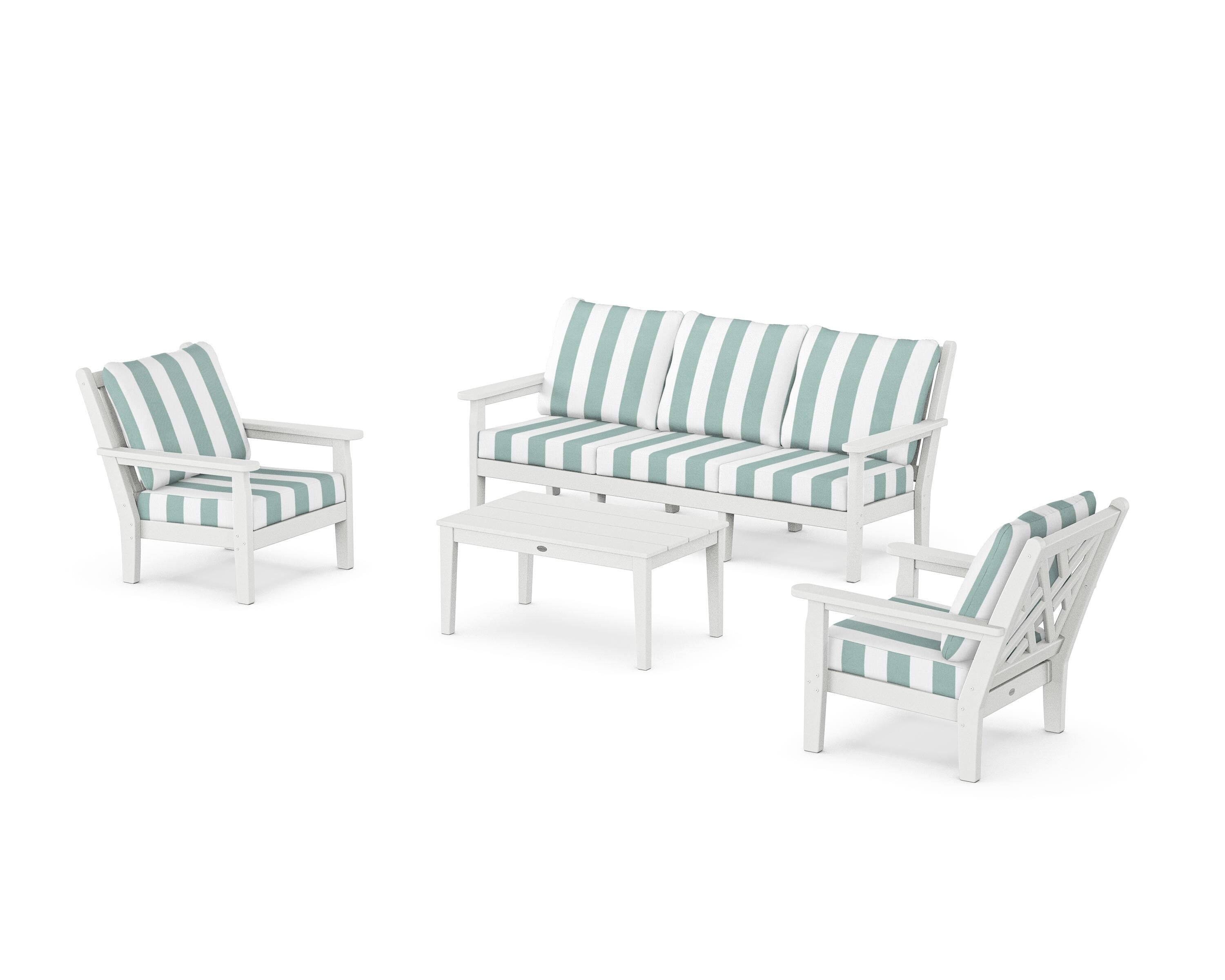 POLYWOOD® Chippendale 4-Piece Deep Seating Set with Sofa in White / Cabana Stripe Glacier Spa