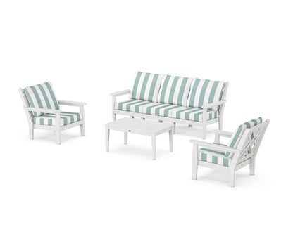 POLYWOOD® Chippendale 4-Piece Deep Seating Set with Sofa in White / Cabana Stripe Glacier Spa