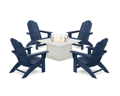 POLYWOOD® 5-Piece Vineyard Grand Adirondack Conversation Set with Fire Pit Table in Navy / White