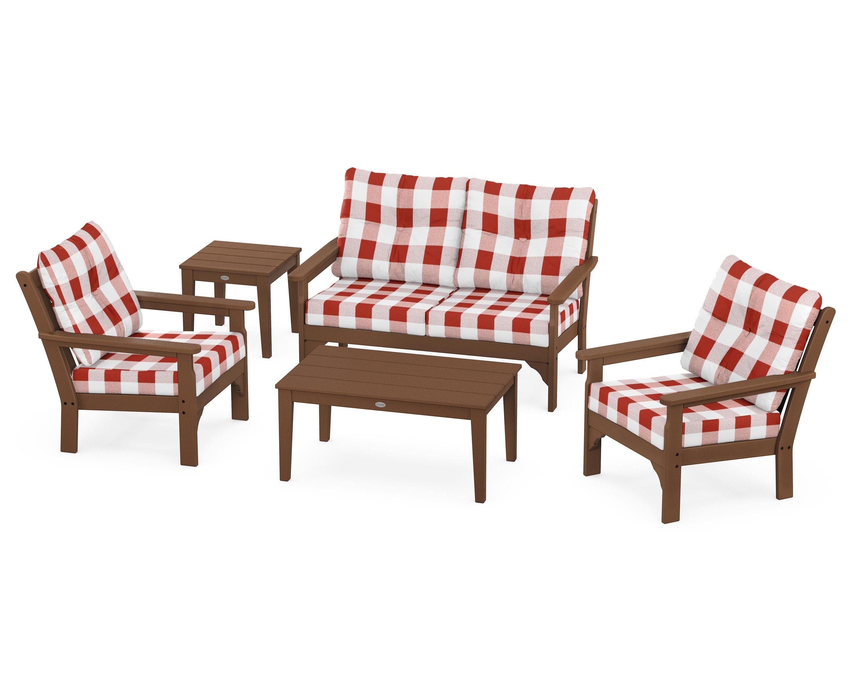POLYWOOD® Vineyard 5-Piece Deep Seating Set in Teak / Buffalo Plaid Crimson