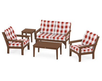 POLYWOOD® Vineyard 5-Piece Deep Seating Set in Teak / Buffalo Plaid Crimson