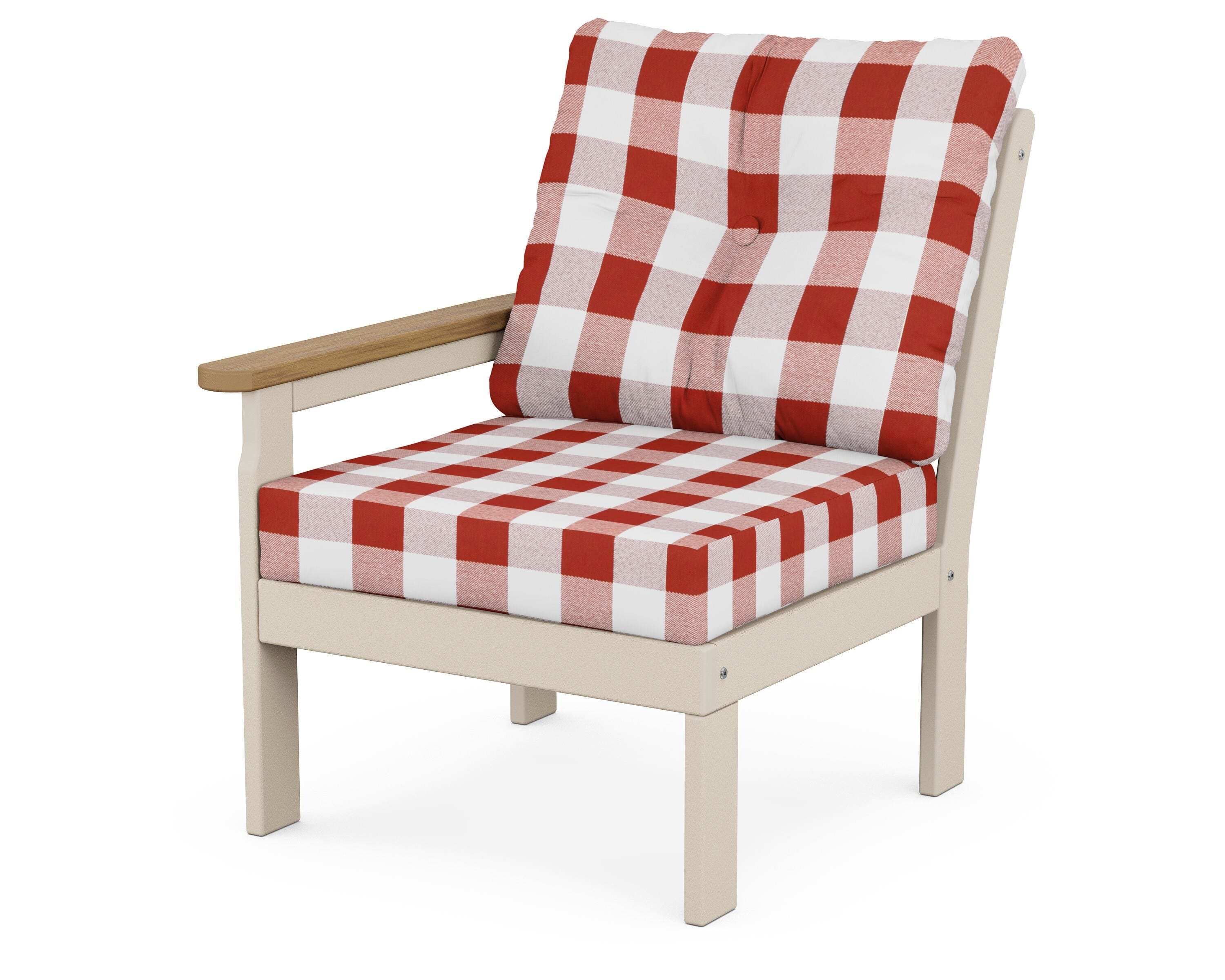 POLYWOOD® Vineyard Modular Left Arm Chair in Sand / Natural / Buffalo Plaid Crimson