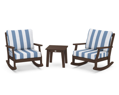POLYWOOD® Braxton 3-Piece Deep Seating Rocker Set in Mahogany / Cabana Stripe Sky Blue
