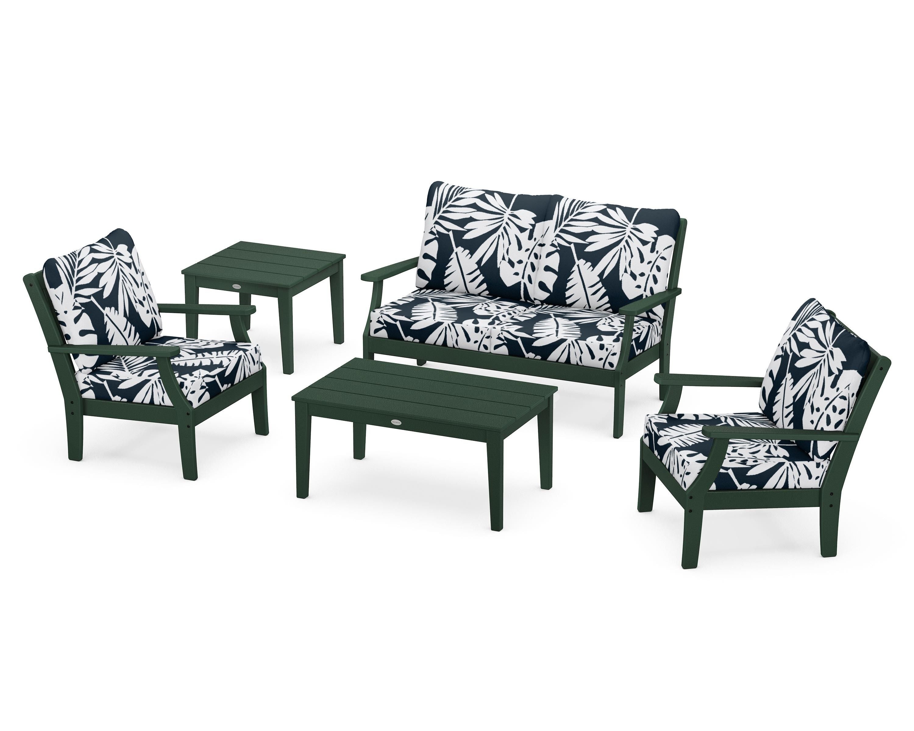 POLYWOOD® Braxton 5-Piece Deep Seating Set in Green / Leaf Marine Indigo