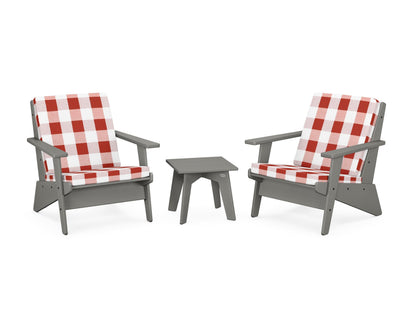 POLYWOOD® Riviera Modern Lounge 3-Piece Set in Slate Grey / Buffalo Plaid Crimson