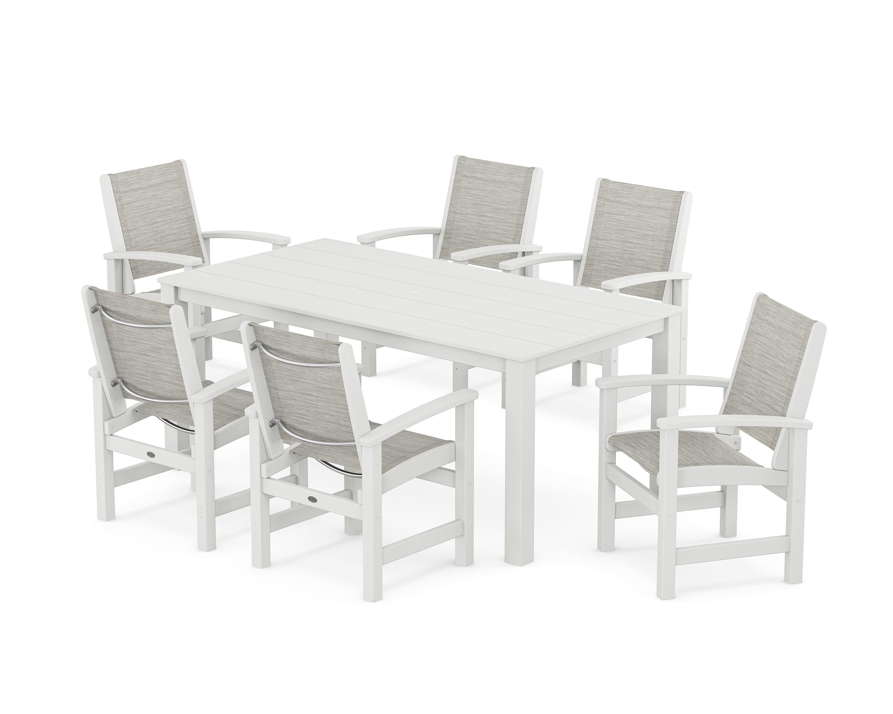 POLYWOOD® Coastal 7-Piece Parsons Dining Set in White / Birch Sling