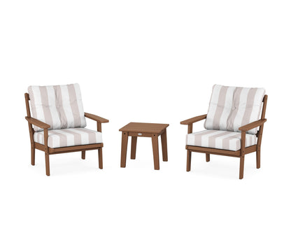 POLYWOOD® Prairie 3-Piece Deep Seating Set in Teak / Cabana Stripe Dune Burlap