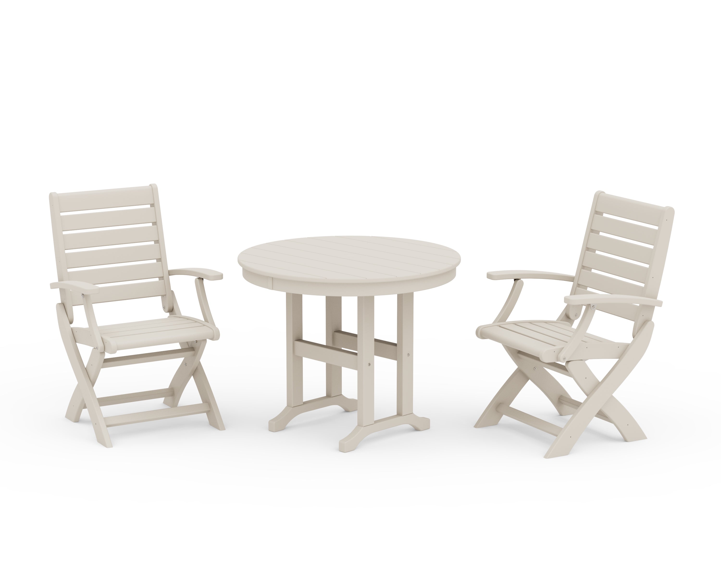 POLYWOOD® Signature Folding Chair 3-Piece Round Farmhouse Dining Set in Sand