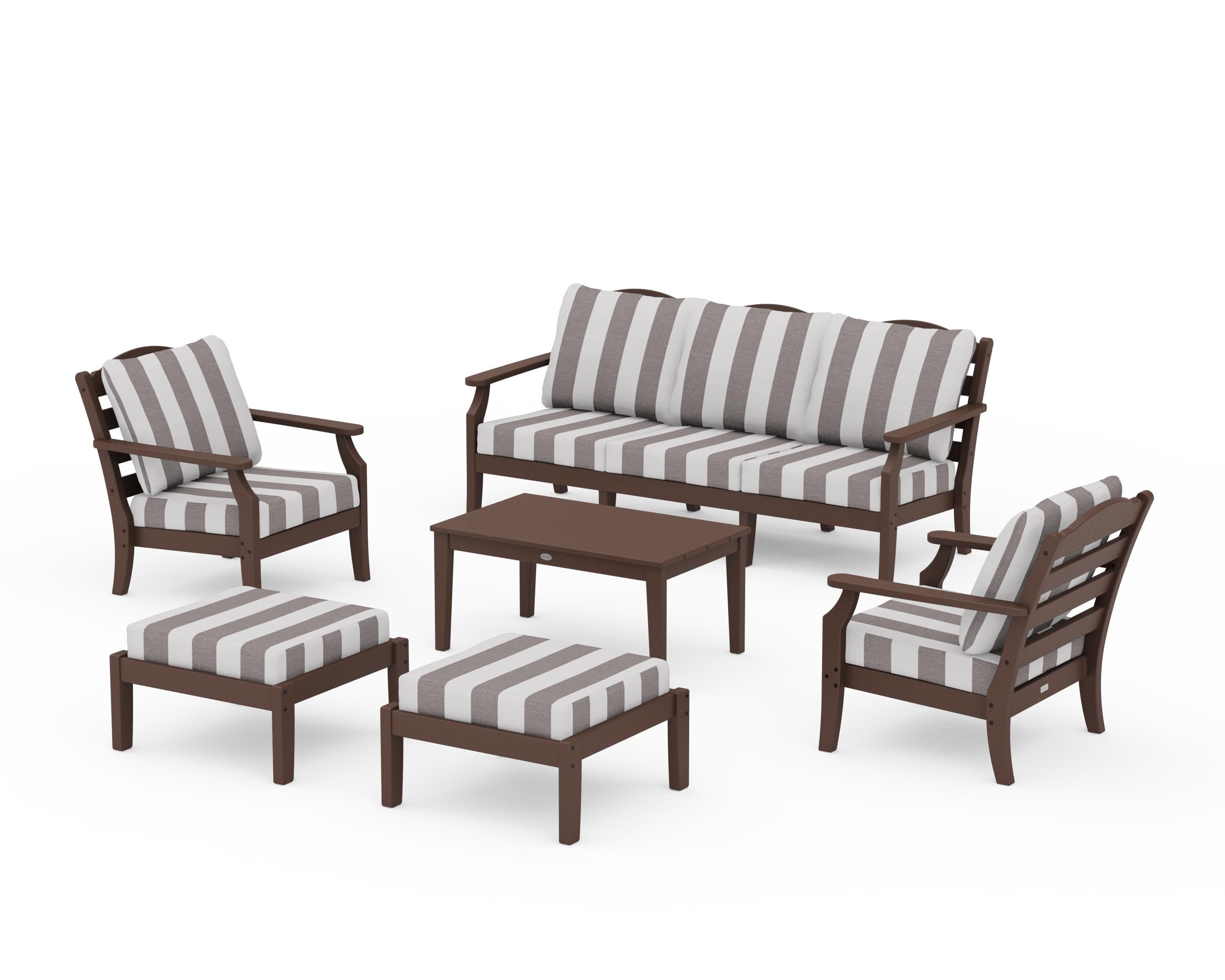 Draper James™ by  POLYWOOD® Savannah 6-Piece Lounge Sofa Set in Mahogany / Cabana Stripe Grey Mist