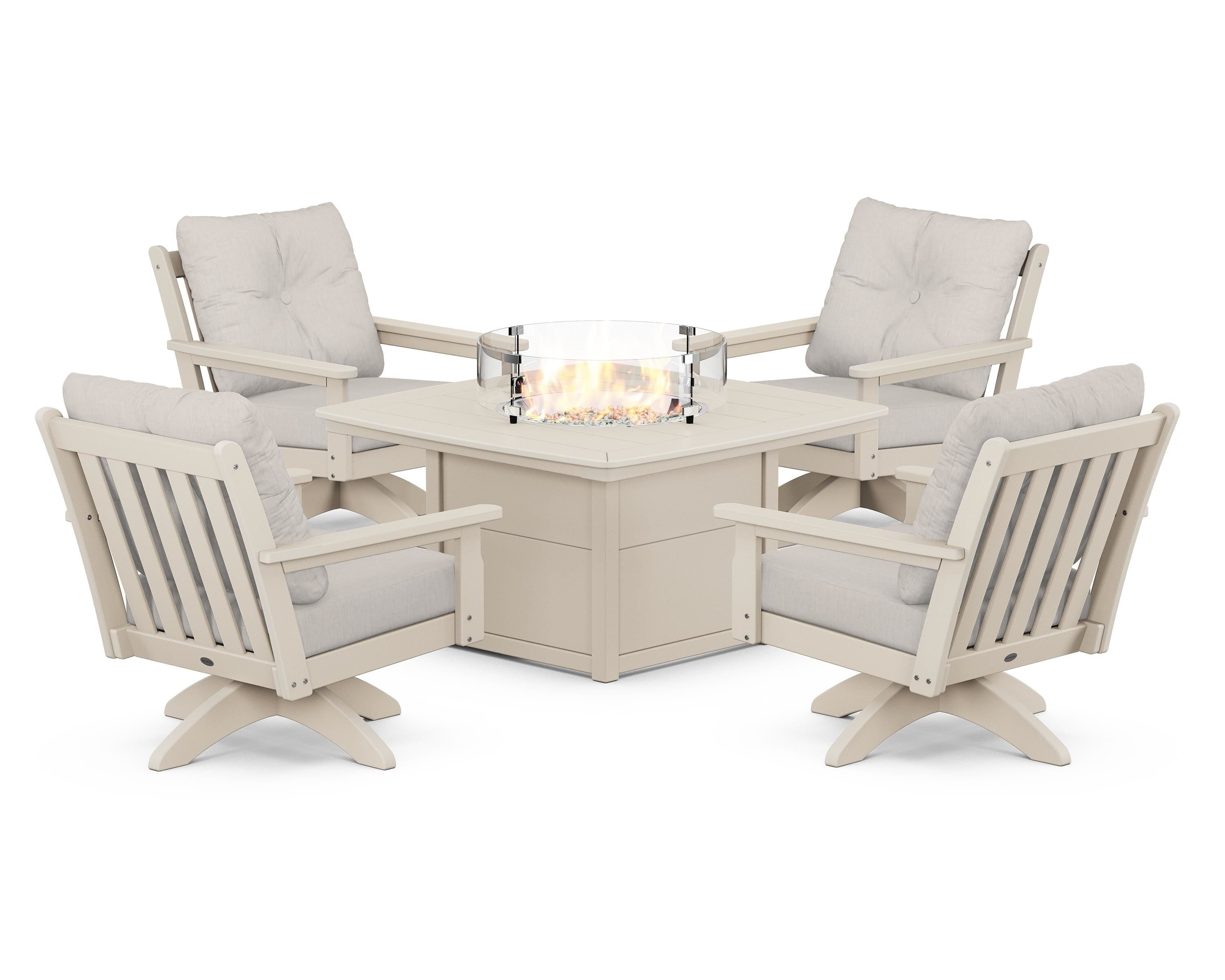 POLYWOOD® Vineyard 5-Piece Deep Seating Swivel Conversation Set with Fire Pit Table in Sand / Cast Ash