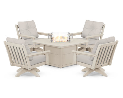 POLYWOOD® Vineyard 5-Piece Deep Seating Swivel Conversation Set with Fire Pit Table in Sand / Cast Ash