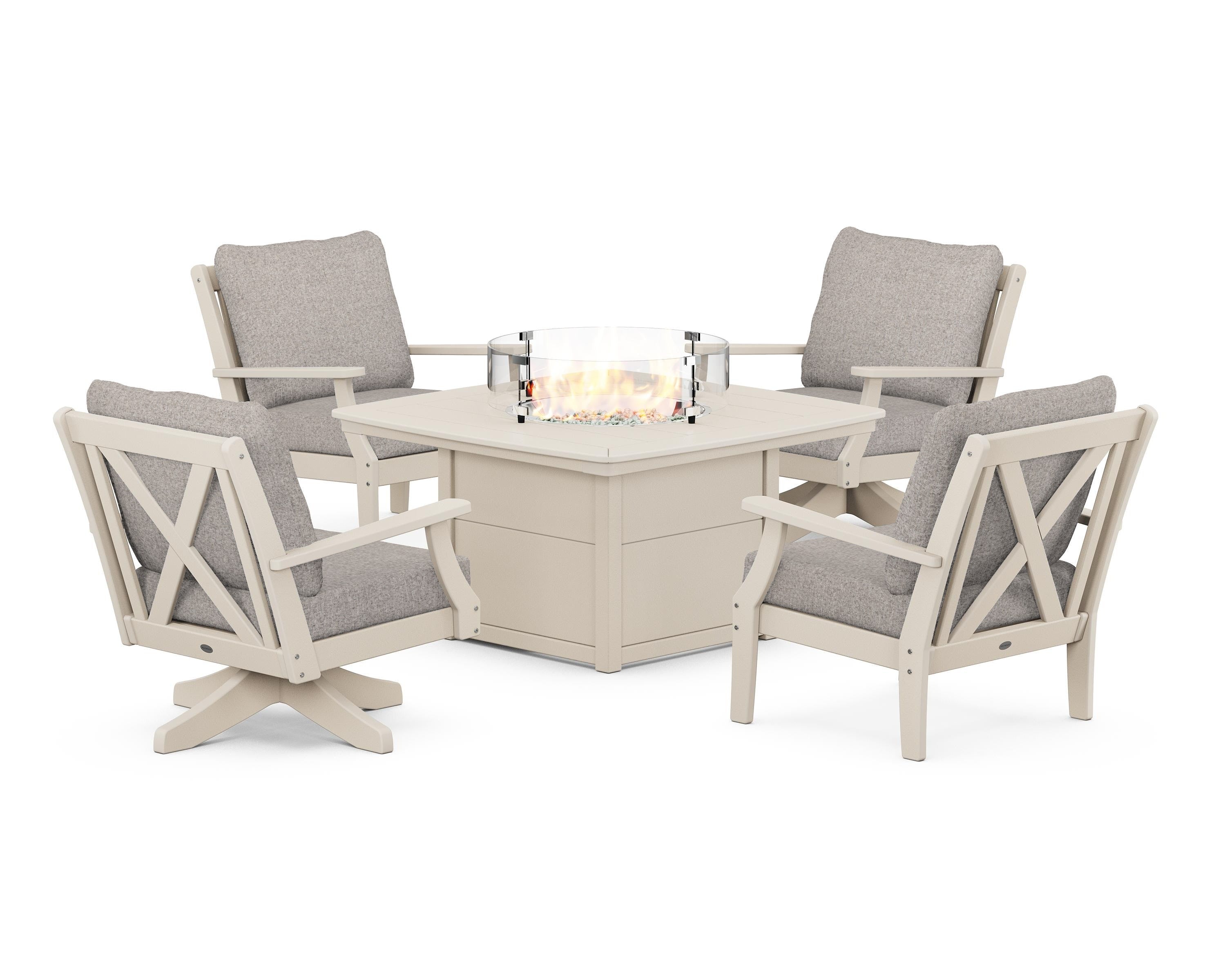POLYWOOD® Braxton 5-Piece Deep Seating Set with Fire Table in Sand / Weathered Tweed