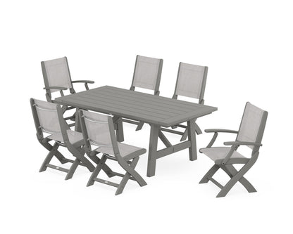 POLYWOOD® Coastal Folding Chair 7-Piece Rustic Farmhouse Dining Set in Slate Grey / Parchment Sling