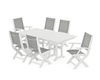 POLYWOOD® Coastal Folding Chair 7-Piece Farmhouse Dining Set in White / Metallic Sling