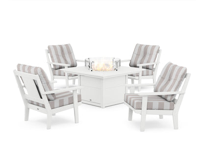 POLYWOOD® Prairie 5-Piece Deep Seating Set with Fire Pit Table in White / Cabana Stripe Dune Burlap