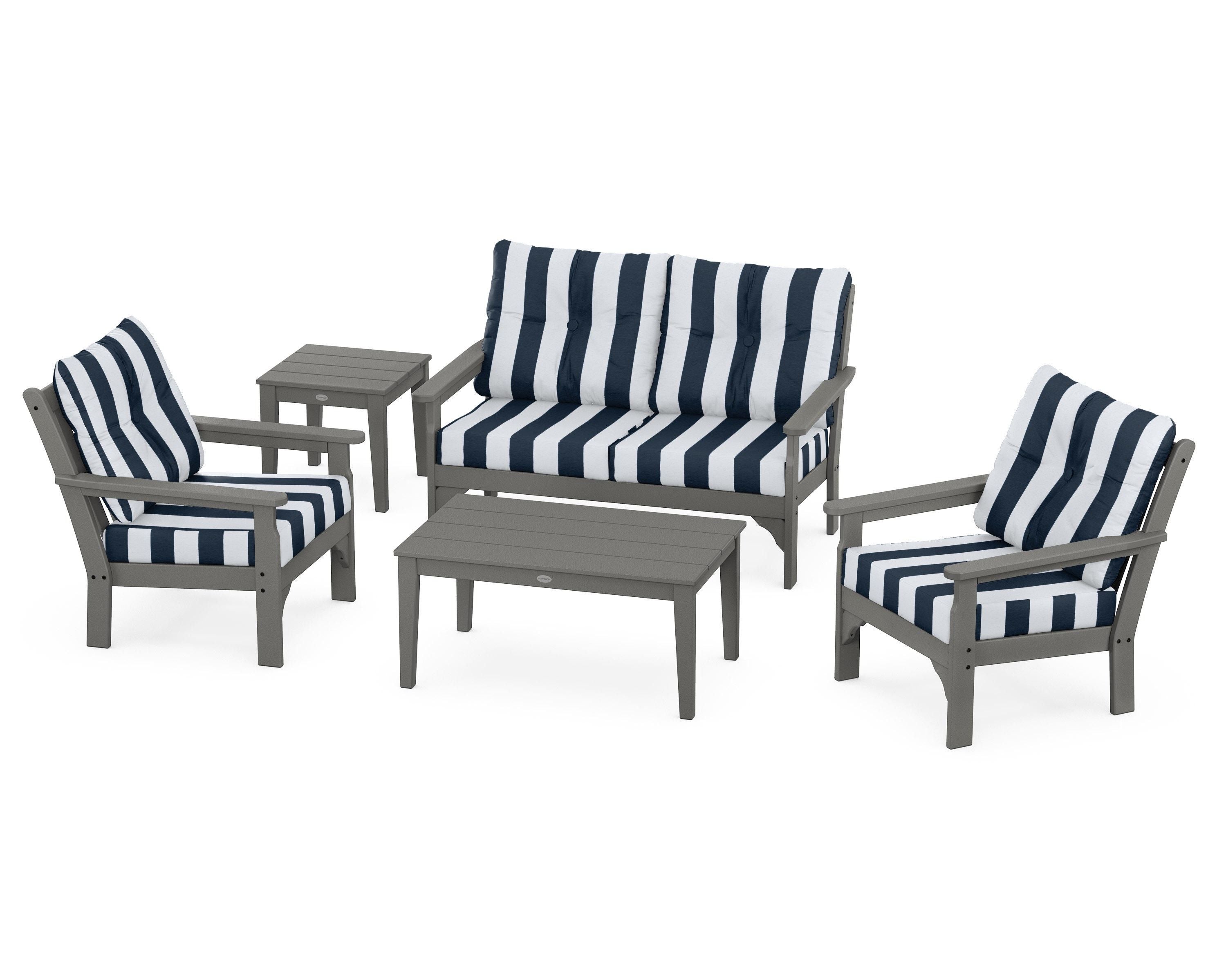 POLYWOOD® Vineyard 5-Piece Deep Seating Set in Slate Grey / Cabana Stripe Marine Indigo