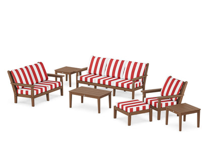 POLYWOOD® Chippendale 7-Piece Deep Seating Set in Teak / Cabana Stripe Crimson