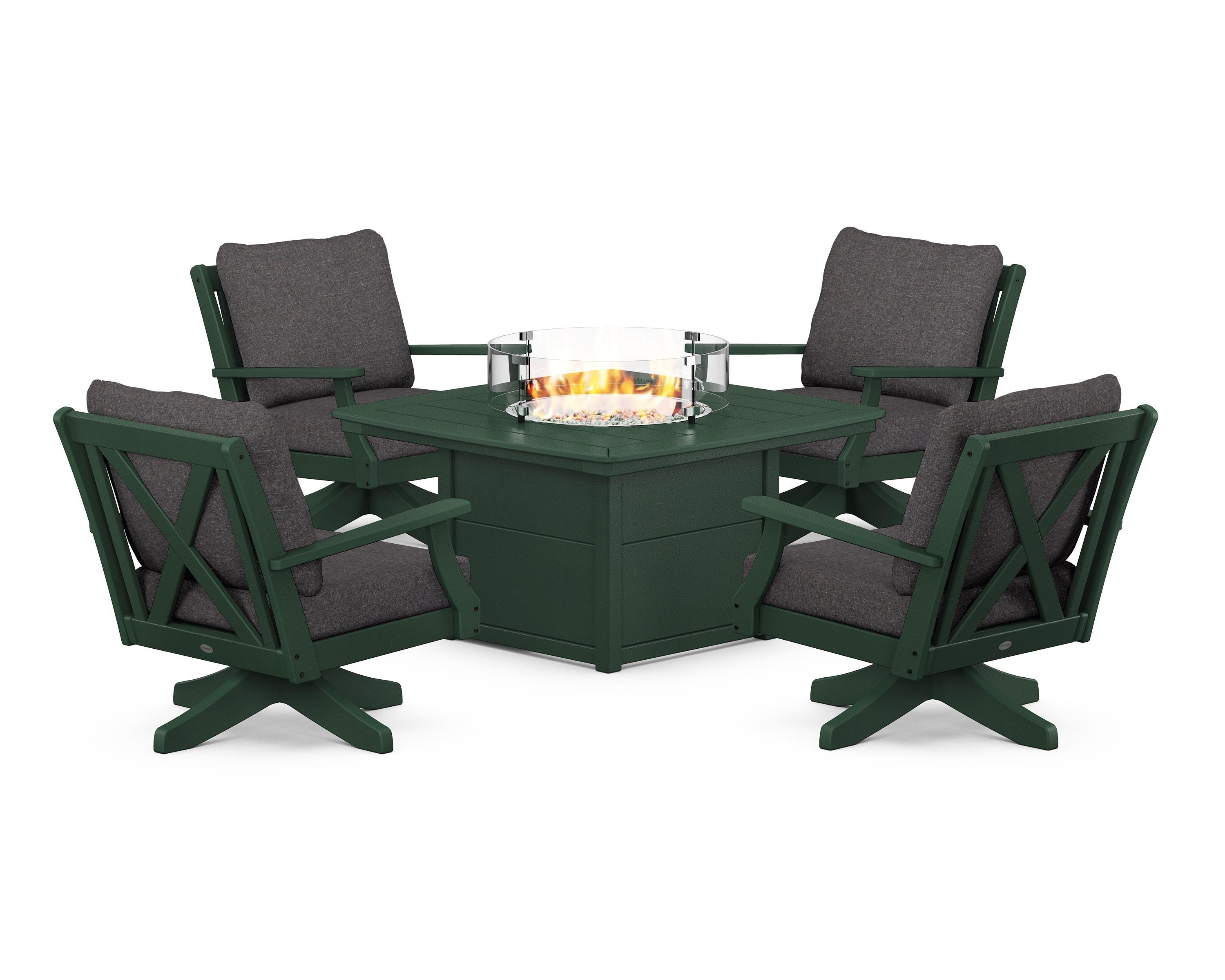 POLYWOOD® Braxton 5-Piece Deep Seating Swivel Conversation Set with Fire Pit Table in Green / Ash Charcoal