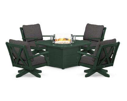 POLYWOOD® Braxton 5-Piece Deep Seating Swivel Conversation Set with Fire Pit Table in Green / Ash Charcoal