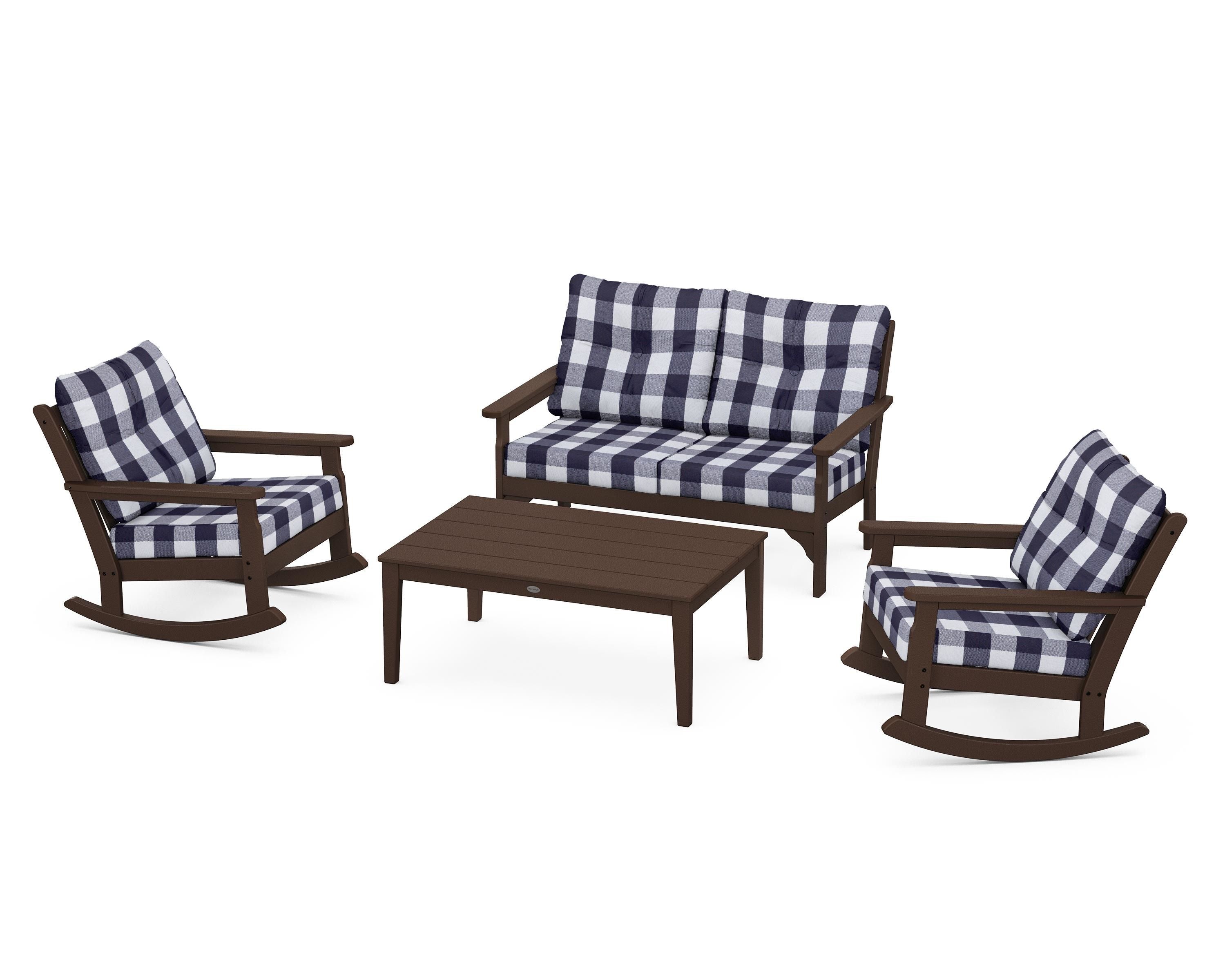 POLYWOOD® Vineyard 4-Piece Deep Seating Rocking Chair Set in Mahogany / Buffalo Plaid Navy