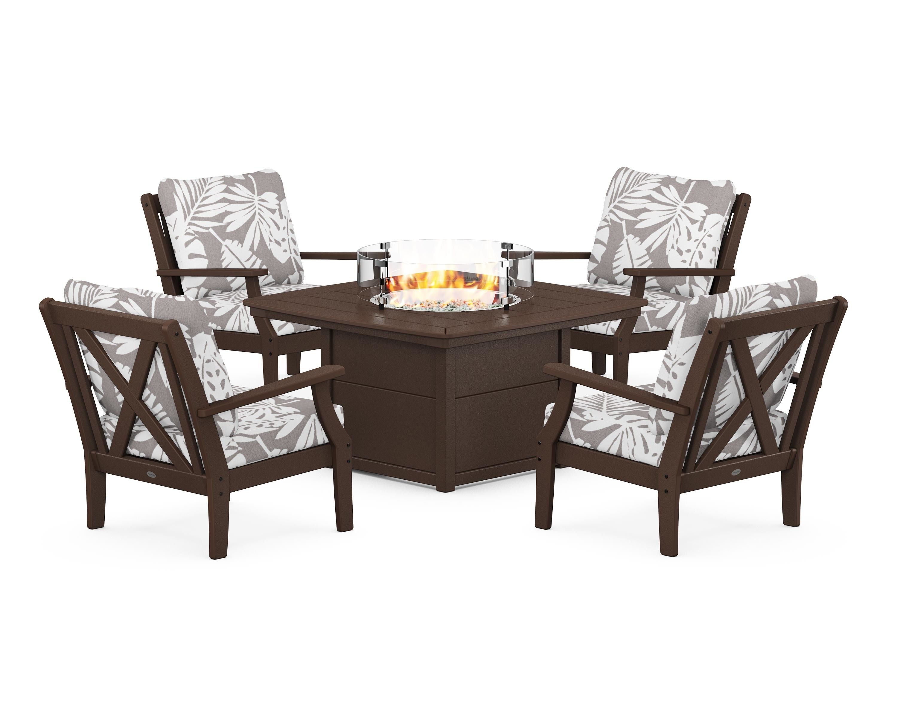 POLYWOOD® Braxton 5-Piece Deep Seating Conversation Set with Fire Pit Table in Mahogany / Leaf Grey Mist