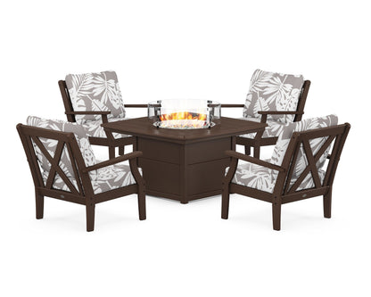 POLYWOOD® Braxton 5-Piece Deep Seating Conversation Set with Fire Pit Table in Mahogany / Leaf Grey Mist