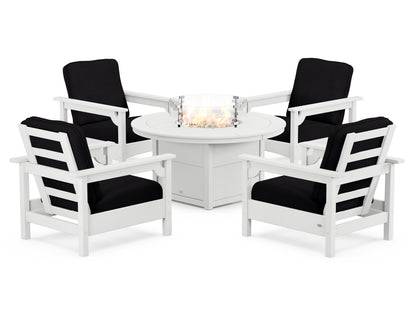 POLYWOOD® Club 5-Piece Conversation Set with Fire Pit Table in White / Midnight Linen