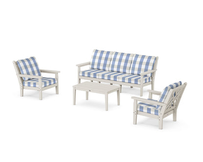 POLYWOOD® Chippendale 4-Piece Deep Seating Set with Sofa in Sand / Buffalo Plaid Sky Blue