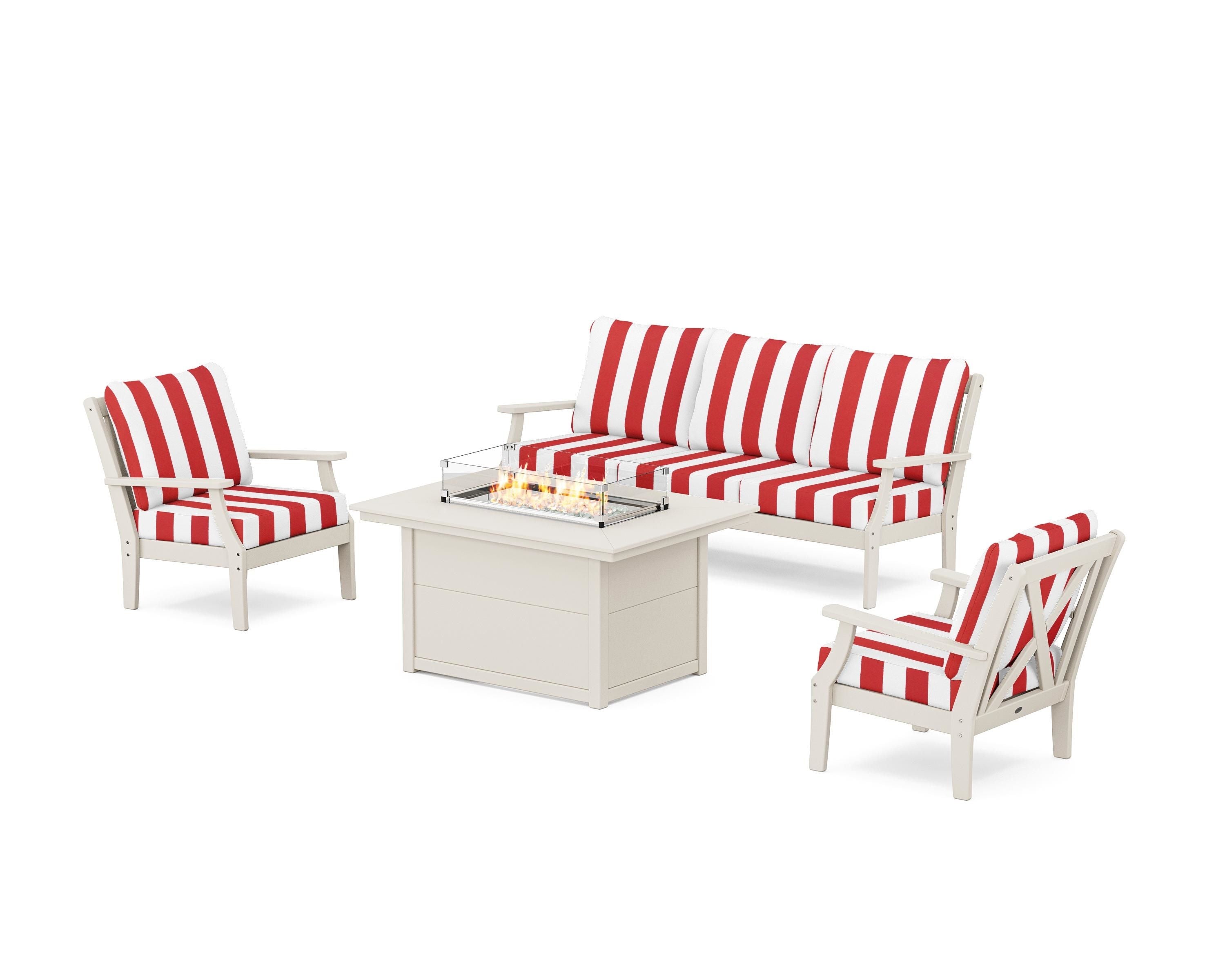 POLYWOOD® Braxton Deep Seating Fire Pit Table Set in Sand / Cabana Stripe Crimson